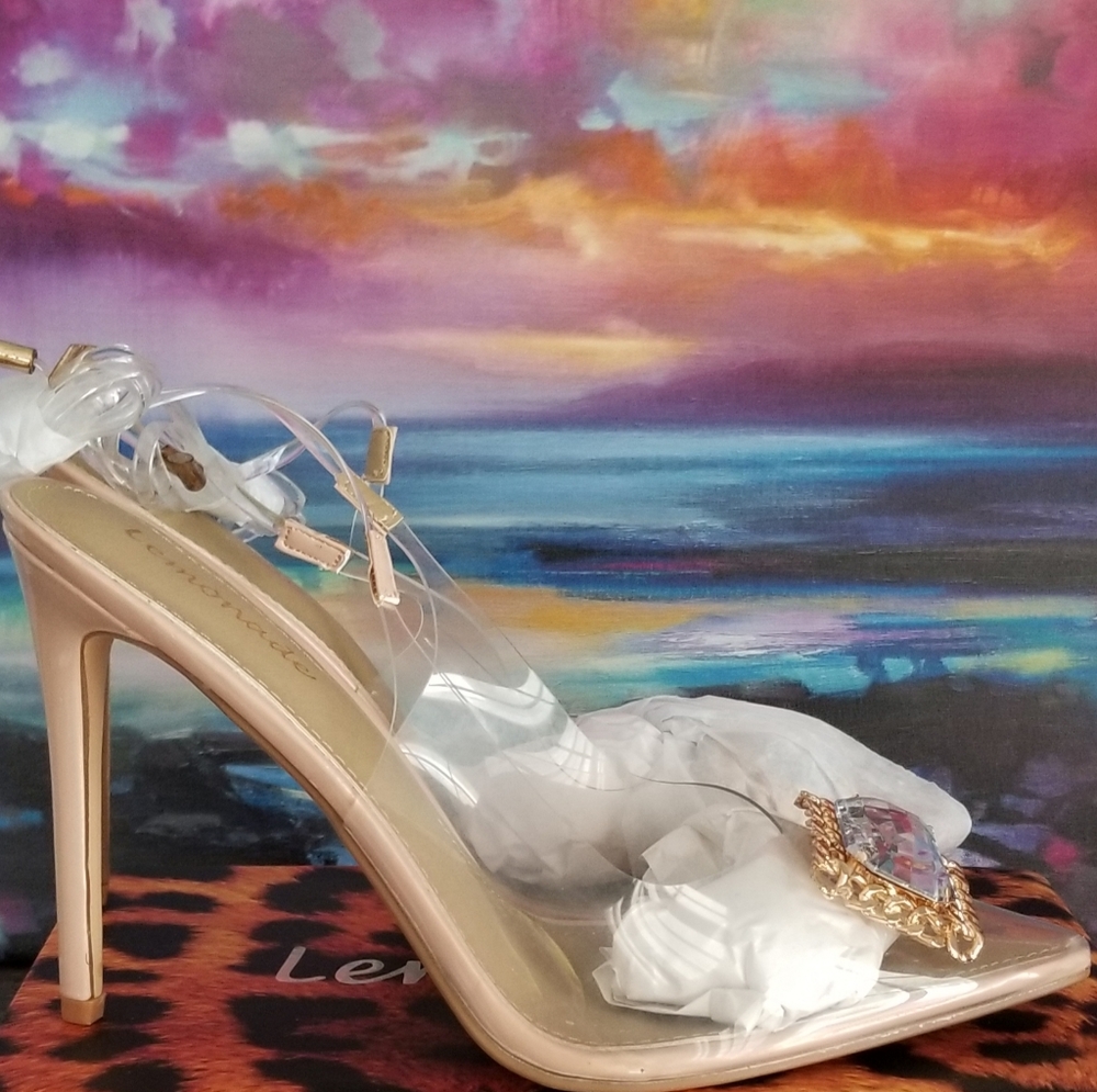 Lemonade Clear PU Slingback Lace up w/Nude & Gold Accents w/ Clear Stone